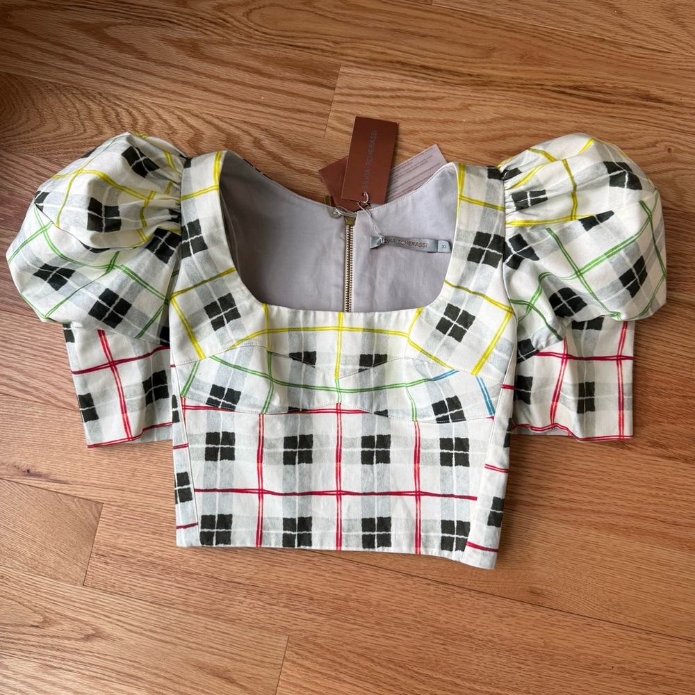 SILVIA TCHERASSI Brett Top Rainbow Check Puff Sleeve NWT XS Designer